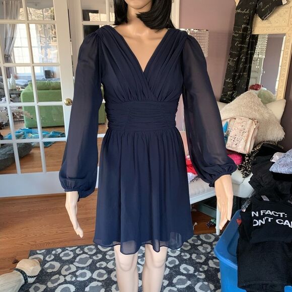 ASOS Navy Deep V Chiffon Sleeve Grecian Cocktail Dress sz 4 EUC - Picture 1 of 6